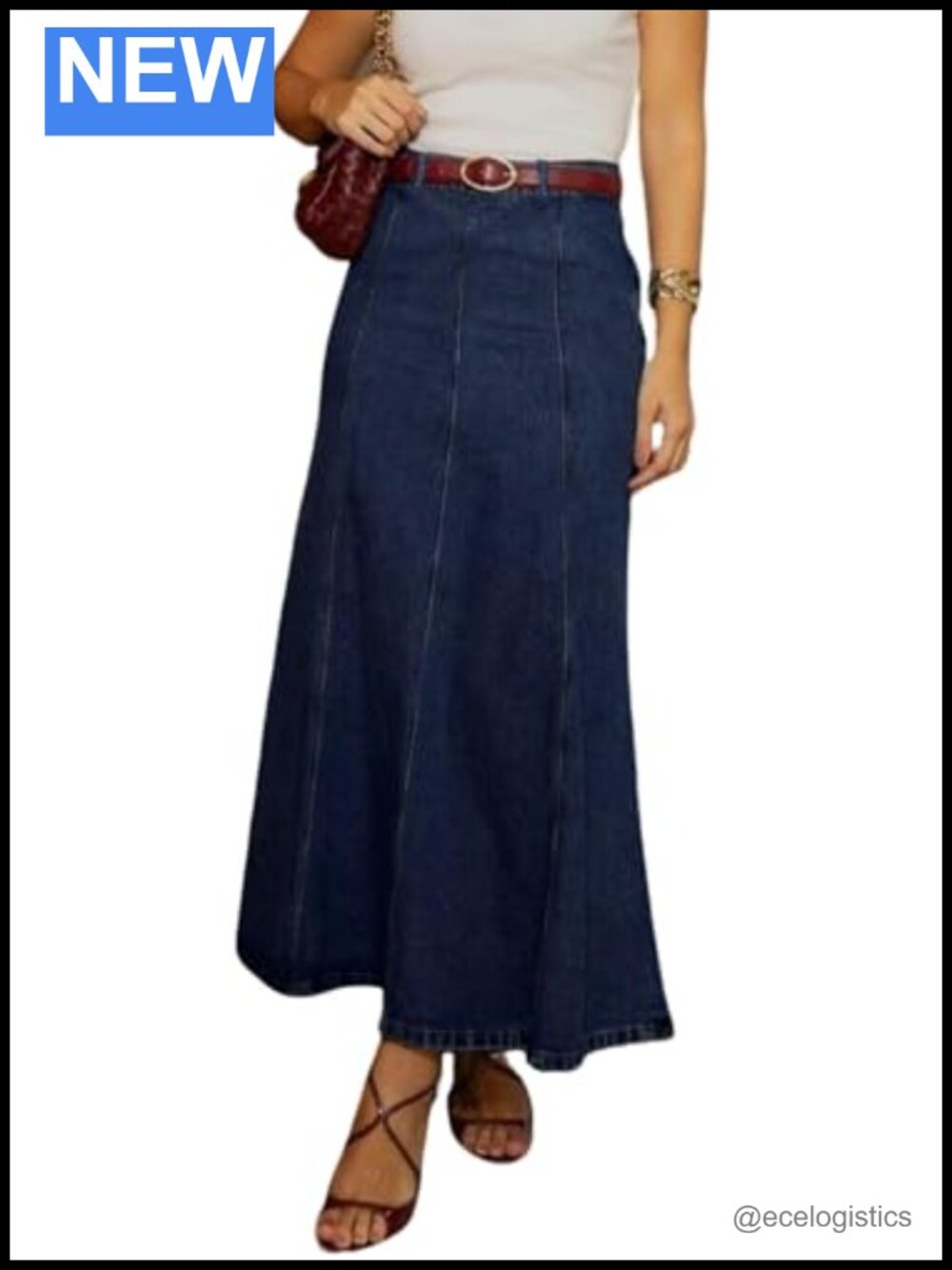 Women Patchwork Denim Maxi Skirt Stretchy High Waist Flowy A-Line